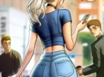 Yena Lee, 23, con jeans azules ajustados que marcan su prieto trasero y crop top azul mostrando espalda desnuda y cintura