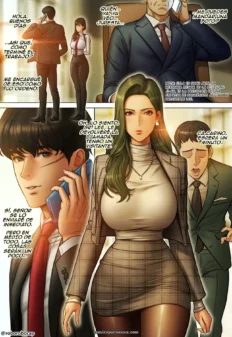 Mujer de traje ajustado con blusa ceñida mostrando senos grandes y falda corta plaid en oficina con hombres al teléfono