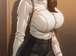 Camisa blanca ajustada a pechos exuberantes, pantalones negros ceñidos marcando trasero voluptuoso y manos vendadas