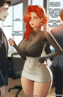 Mujer pelirroja con blusa transparente ajustada, falda corta blanca, mostrando tetas grandes y piernas largas en oficina.