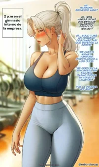 Mujer con pechos grandes en top azul ajustado y leggings grises marcando vulva en gimnasio interno, sonrojada y excitada.