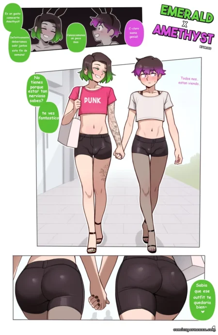 Emerald X Amethyst Emerald y Amethyst caminan de la mano con crop tops y shorts ajustados mostrando traseros prominentes y curvas sexys