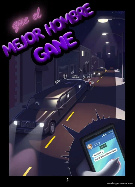 Que El Mejor Hombre Gane Limusina en calle nocturna con notas musicales mientras mano sostiene celular con chat de Lizzy: ¿Me la metes o qué?