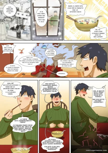 Unlikely Ingredients Un hombre en traje rojo recibe sexo oral de otro en verde mientras sujeta un plato con ingredientes exóticos, jadeando con placer.