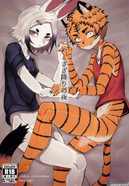 Zaza Ori No Yoru Coneja blanca con ojos rojos y tigre naranja rayado en ropa interior se tocan genitales con manos en muslos sexualmente