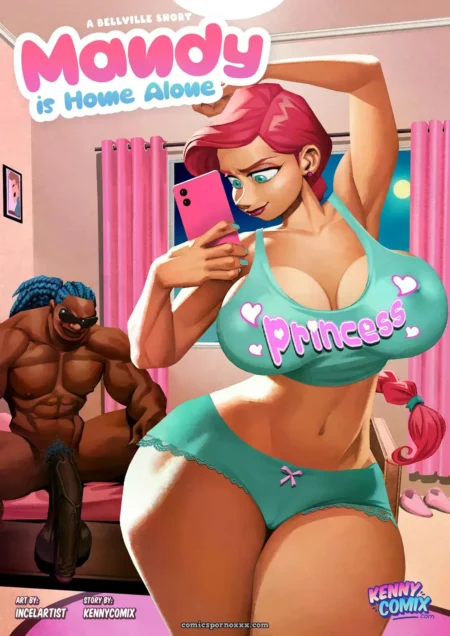 Mandy Is Home Alone (Kenny Comix) Mandy en top Princess verde y ropa interior selfie con pechos grandes mientras hombre musculoso la mira con pene erecto