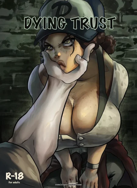 Dying Trust #1 (Nob-lood) Mujer con tetas grandes rebosando camisa desabrochada, mano en mejilla, gorra D y ladrillos, Dying Trust #1 NSFW