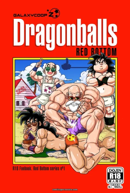 Dragonballs Red Bottom #1 (Galaxycoopz) Master Roshi con culo rojo folla a joven de pelo negro mientras mujer de tetas grandes mira en jardín