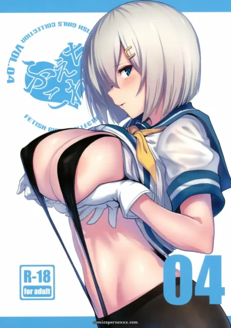 Mujer con uniforme escolar azul y blanco levantando top para exponer pechos grandes en portada Feticolle Vol.4 R-18 +18 nsfw
