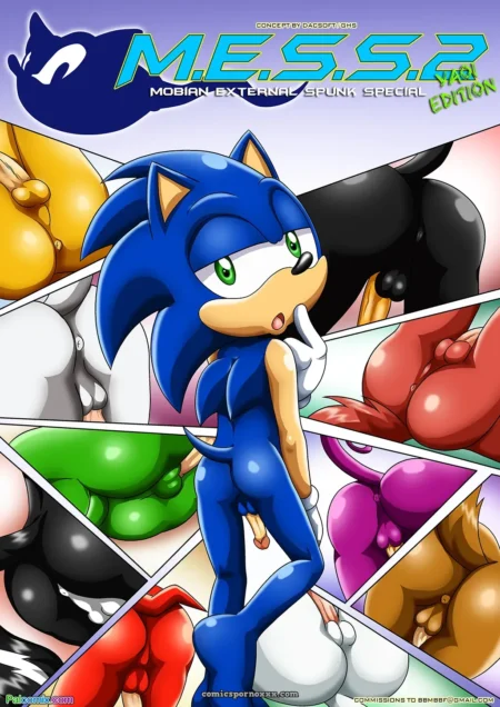 Sonic azul con ojos verdes exhibe su polla rodeado de genitales multicolores en M.E.S.S. #2 Palcomix +18 nsfw