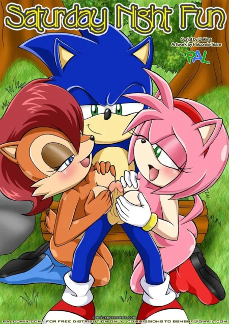 Amy rosa y Tails zorro chupan y masturban el pene erecto de Sonic azul en parque verde +18 nsfw