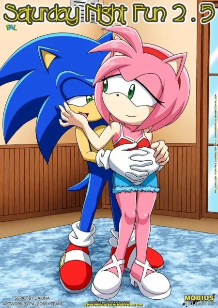 Sonic el erizo azul agarra con fuerza los pechos de Amy Rose en vestido rojo y falda azul durante una noche de sábado picante. +18 nsfw