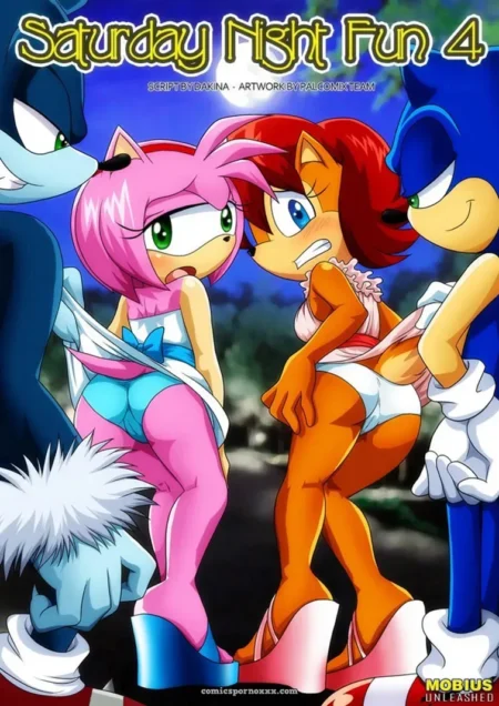 Amy Rose en minivestido azul chupa la polla de Knuckles rojo mientras Sonic y Tails les meten los dedos en el coño +18 nsfw