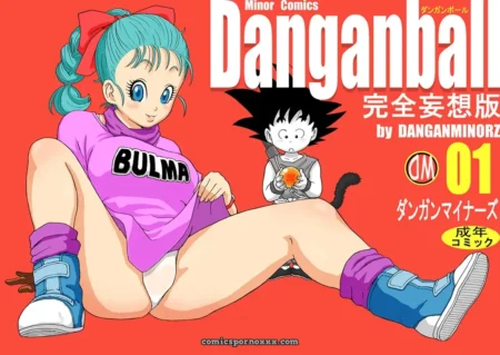 Bulma con camiseta rosa subida, piernas abiertas mostrando vulva en pañal blanco, Goku con cola y esfera naranja fondo rojo