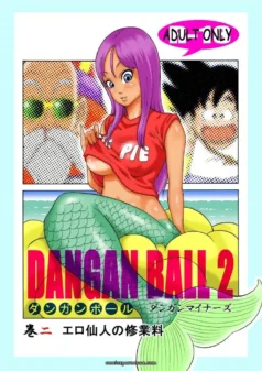 Sirena morada con camiseta roja ajustada mostrando pechos y cola verde sobre frutas amarillas en Dangan Ball 6