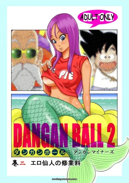 Sirena morada con camiseta roja ajustada mostrando pechos y cola verde sobre frutas amarillas en Dangan Ball 6