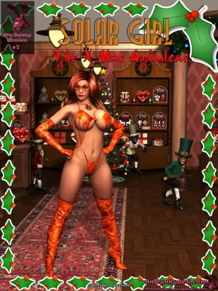 Solar Girl top estrella naranja, tanga ajustado, guantes largos, botas altas, fondo navideño con estanterías y duendes +18 nsfw
