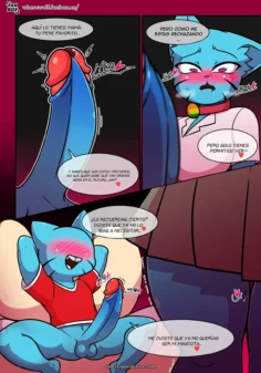 Gato azul con collar recibe polla roja grande mientras obedece con expresión forzada en cómic sexual explícito.
