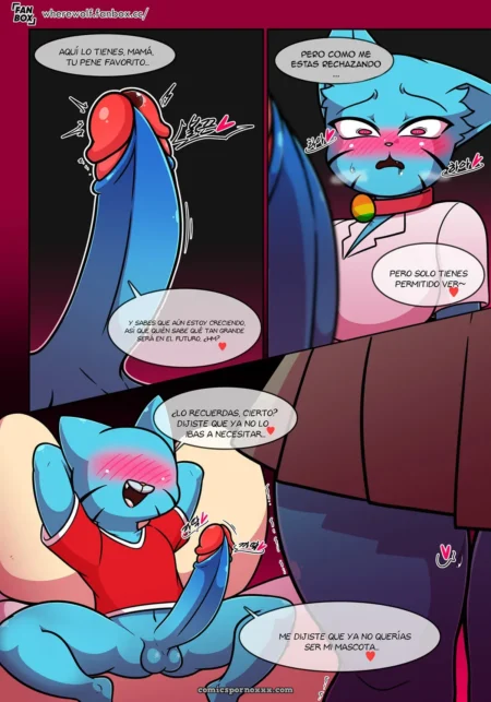 Gato azul con collar recibe polla roja grande mientras obedece con expresión forzada en cómic sexual explícito.