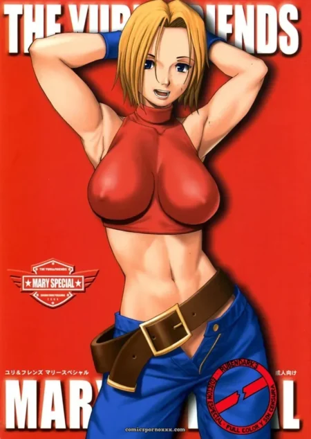 Mary Special top rojo ajustado apretando pechos grandes, pantalones azules cinturón marrón, manos tras cabeza