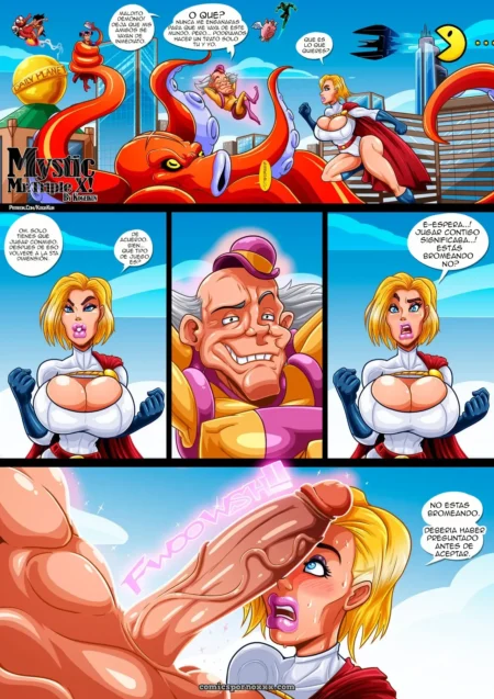 Mystic Mr. Triple X: superheroína rubia con capa roja recibe polla grande en boca mientras monstruo naranja observa