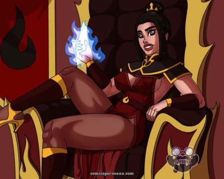 Azula en trono, vestido rojo ajustado dejando ver pechos y muslo, pierna cruzada manipulando fuego azul con mano derecha