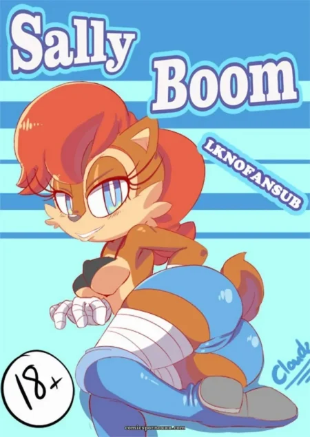 Sally Boom con cabello naranja y orejas de gato, en pose sexual con trasero al aire y ropa azul ajustada, mirada intensa +18 nsfw