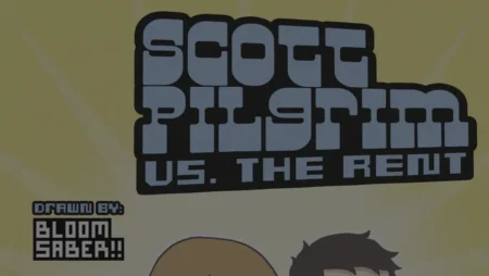 Scott Pilgrim vs. La Renta: letras oscuras, cabezas con cabello erizado, cuerpos desnudos erectos en amarillo provocando sexo. +18 nsfw