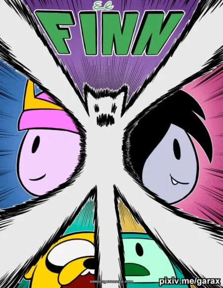 Finn y amigos con bocas abiertas chupando pene blanco con cara negra entre colores vibrantes