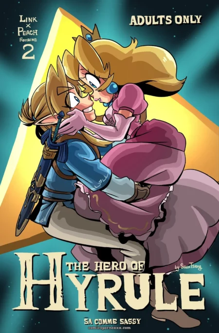Link y Peach se besan con pasión, ella con vestido rosa subido y piernas alrededor de su cintura en escena para adultos