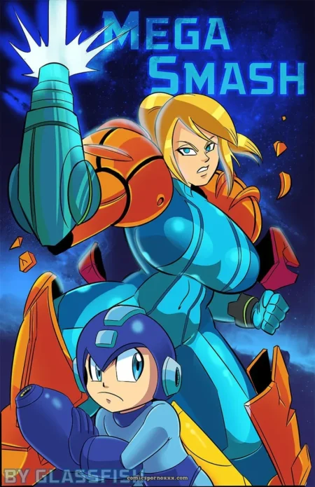 Samus con traje azul ajustado y tetas grandes monta a Mega Man mientras su brazo metálico lo folla en el espacio +18 nsfw