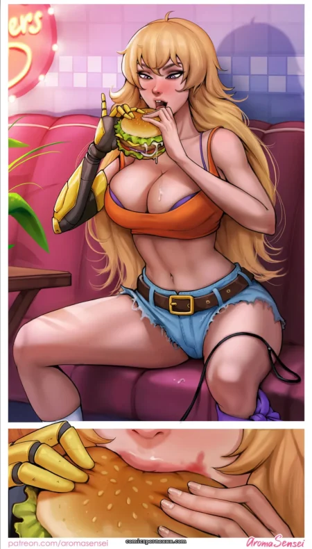 Yang de RWBY con top naranja ajustado y shorts azules rasgados devora burger húmedo con senos apretados sobresaliendo +18 nsfw
