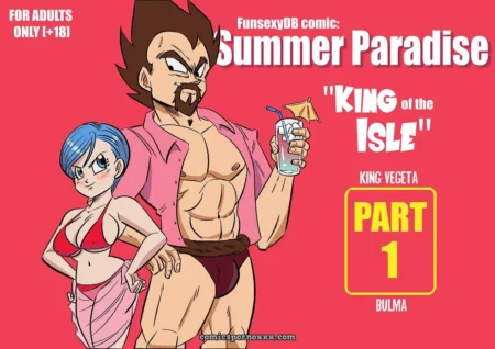 Bulma de pelo azul bikini rojo senos prominentes toalla rosa King Vegeta camisa rosa abierta bóxer oscuro sostiene cóctel