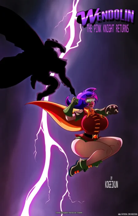 Wendolin cabello morado, armadura roja y senos grandes flota con capa ondeante ante demonio alado y rayos violeta