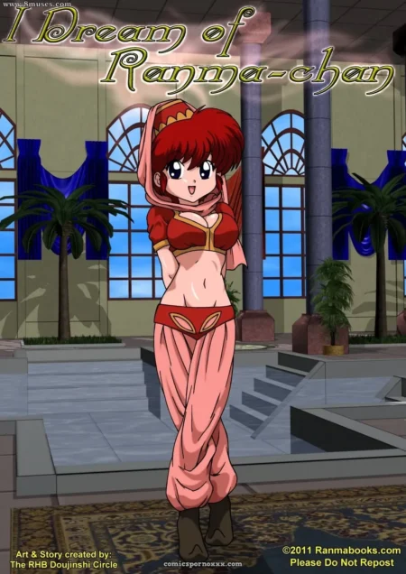 Ranma-chan con top rojo ajustado, ombligo al descubierto, pantalón rosa con profunda abertura que expone su vagina.