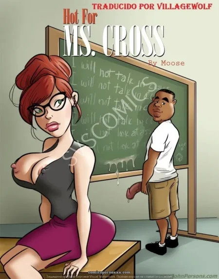 Profesora pelirroja en top ajustado y falda morada sentada en mesa con estudiante de pene erecto junto al pizarrón +18 nsfw