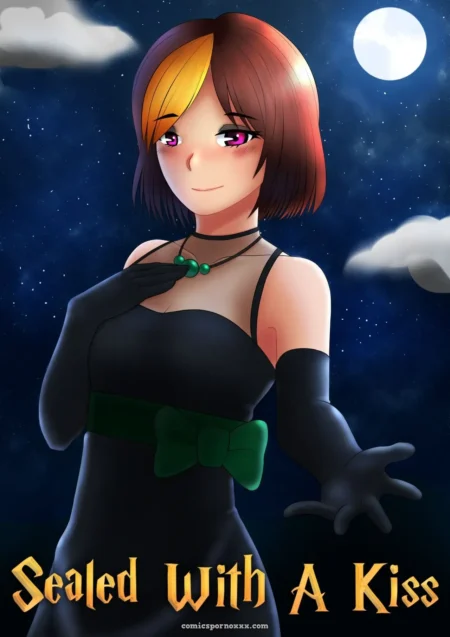 Mujer en vestido negro ajustado, cinturón verde, guantes, gargantilla, mano en pecho bajo luna llena, mirada erótica +18 nsfw