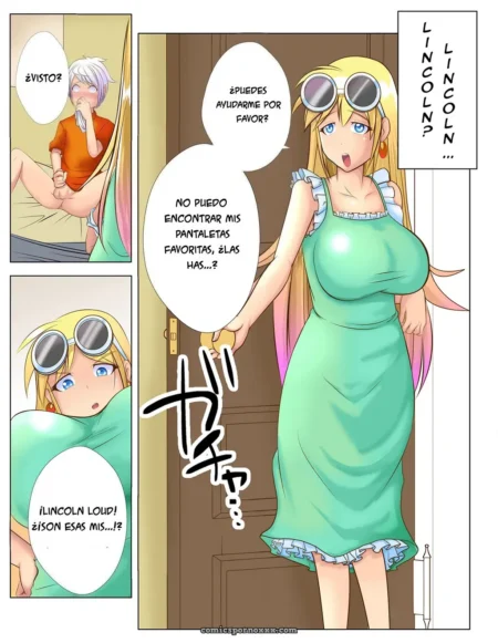 Lori Loud con vestido verde ajustado, senos prominentes y gafas de sol, busca bragas mientras se toca los senos con deseo.