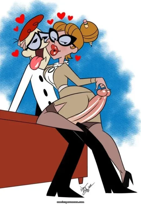 Dexter con bata blanca lame el clítoris de una profesora de gafas y minifalda mientras ella se masturba con su pene en un aula llena de corazones