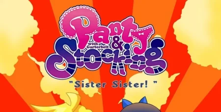 Hermanas Panty y Stocking en poses sexuales con medias y liguero en fondo naranja explosivo