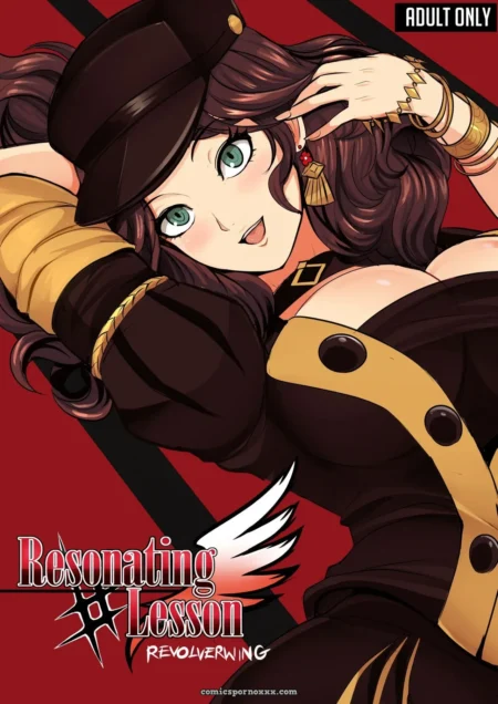 Mujer de Resonating Lesson con traje ajustado, escote profundo, curvas voluptuosas y piernas abiertas revelando lencería oscura.