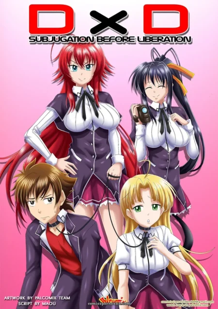 Chicas de DxD en uniforme escolar con sujetadores ajustados y tetas enormes rebosando, una con cámara, posturas sexuales