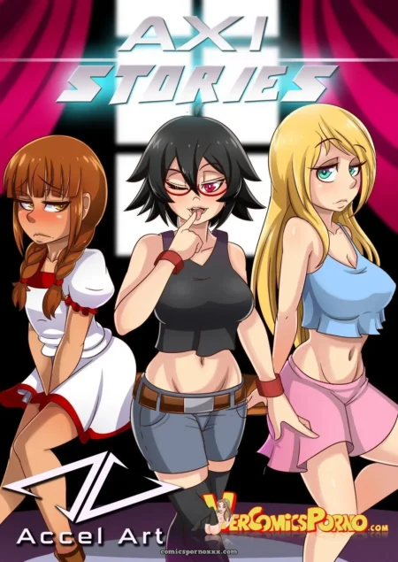 Tres chicas anime con tops ajustados mostrando senos erectos y faldas cortas, una con gafas rojas lamiendo dedo sugestivamente