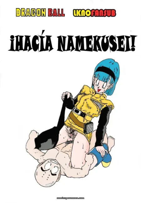 Bulma cabello azul traje amarillo monta a Krillin frotando coño húmedo contra su polla erecta en fanart NSFW Dragon Ball.