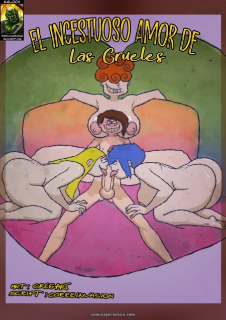 Tres mujeres desnudas naranja, marrón y azul follando, penetrándose y chupándose coños y tetas.