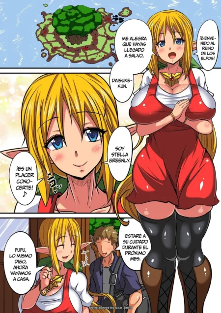 Elfa rubia ojos azules, tetas grandes en traje rojo ceñido, medias negras altas, orejas puntiagudas follando a hombre.