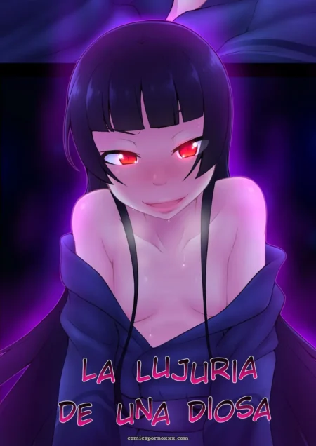 Diosa de ojos rojos con cabello negro, túnica azul oscuro resbalando, senos turgentes y piel húmeda en fondo púrpura.