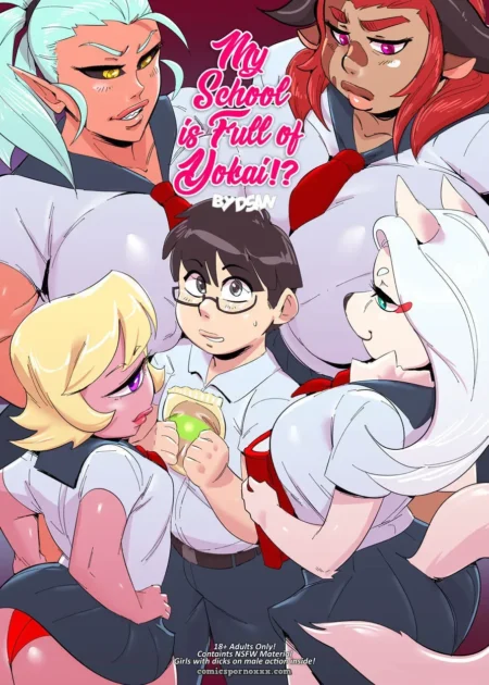 Yokai con orejas de zorro y cuernos aprietan tetas grandes contra un chico mostrando curvas en escena NSFW.