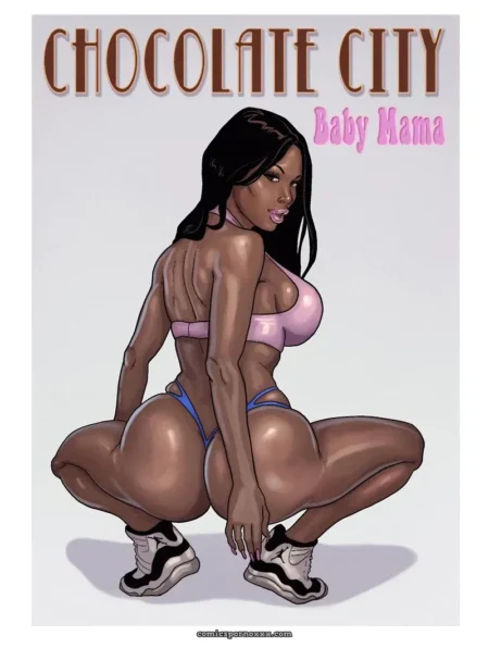 Mujer negra en cuclillas con bikini azul y sujetador rosa, tetas y culo grande en Chocolate City Baby Mama