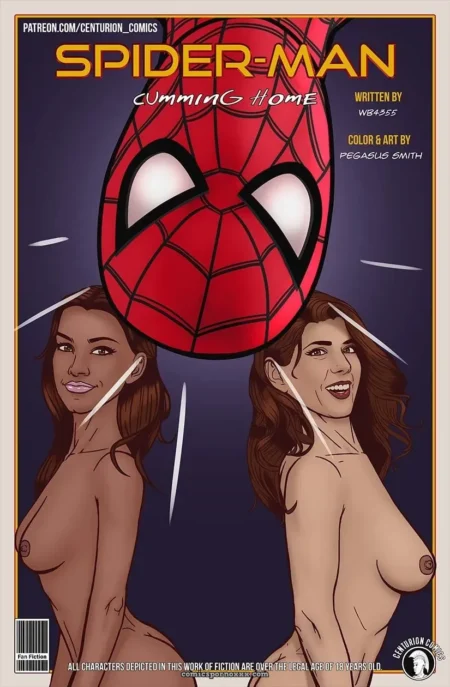 Máscara de Spider-Man sobre dos mujeres desnudas con senos expuestos y chorros de semen en sus cuerpos